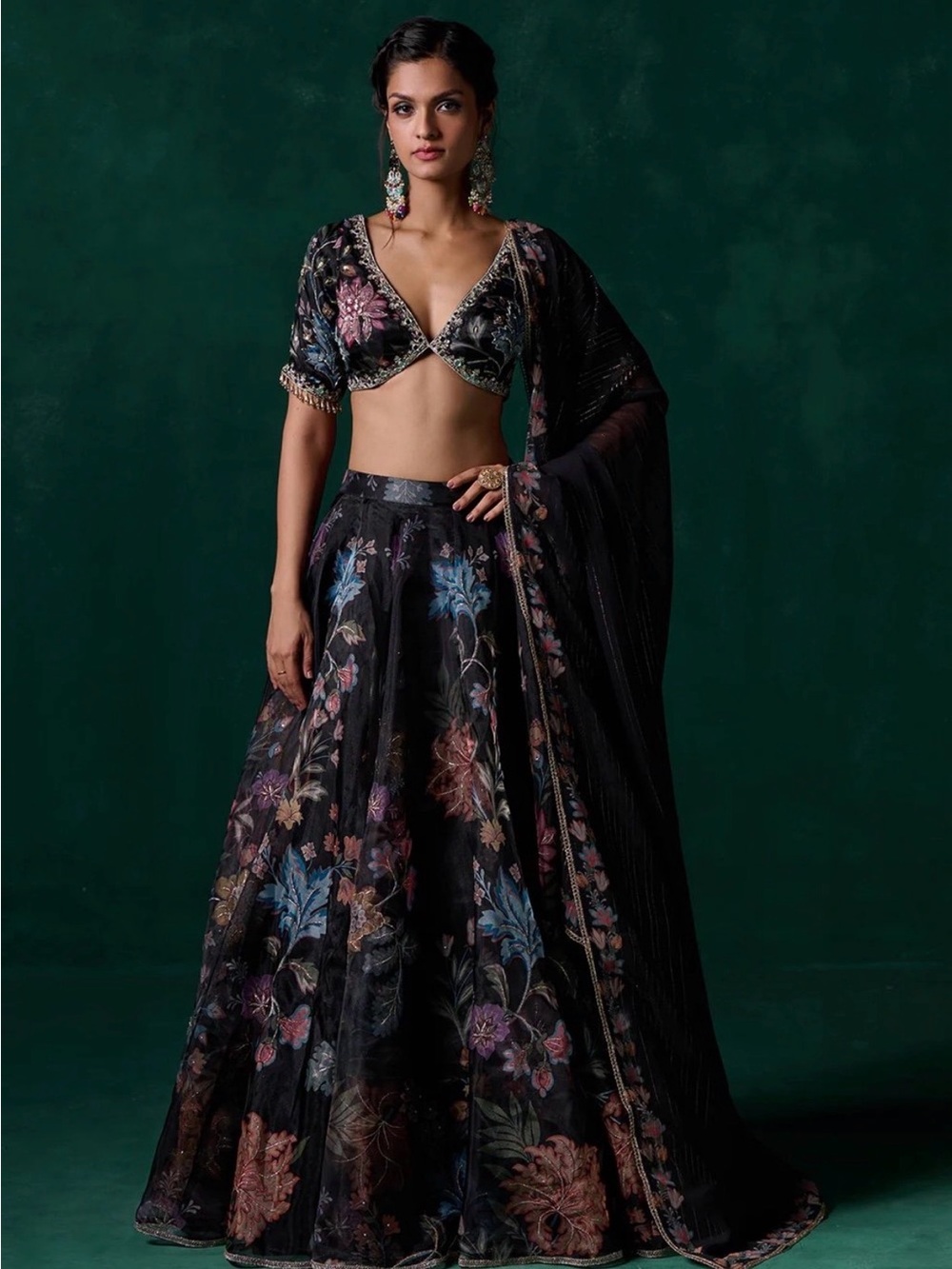 Black Multicolor Floral Printed Lehenga